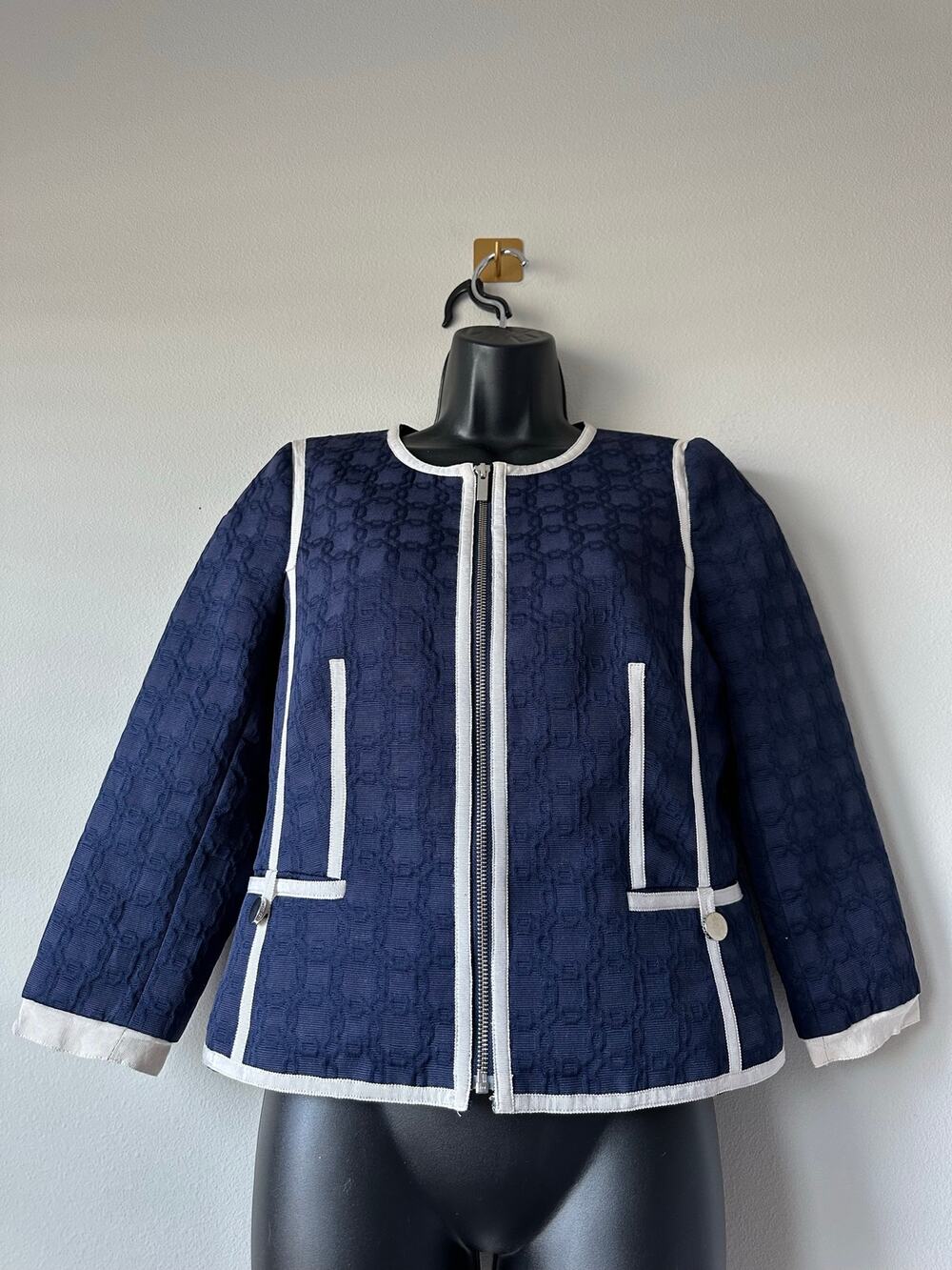 Banana Republic Navy Textured Piped Zip Jacket Size 6 Preppy Mod Nautical Jacket
